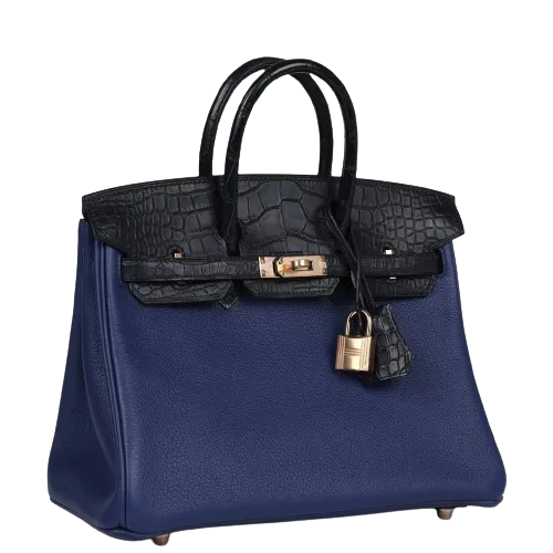 Hermès Birkin 25 Bleu Saphir Taurillion Novillo and Bleu Marine Matte Alligator Touch Rose Gold Hardware